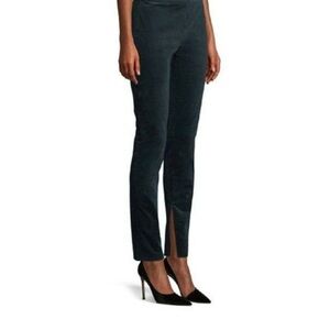 Theory Oslo Green Corduroy Straight-Leg High-Rise Ankle Pants with Front Slit.